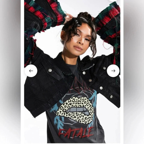 🖤❤️ AKIRA FLOGGY‎ MOLLY PLAID EXTRAVAGANT DENIM JACKET SIZE SMALL - Picture 6 of 16